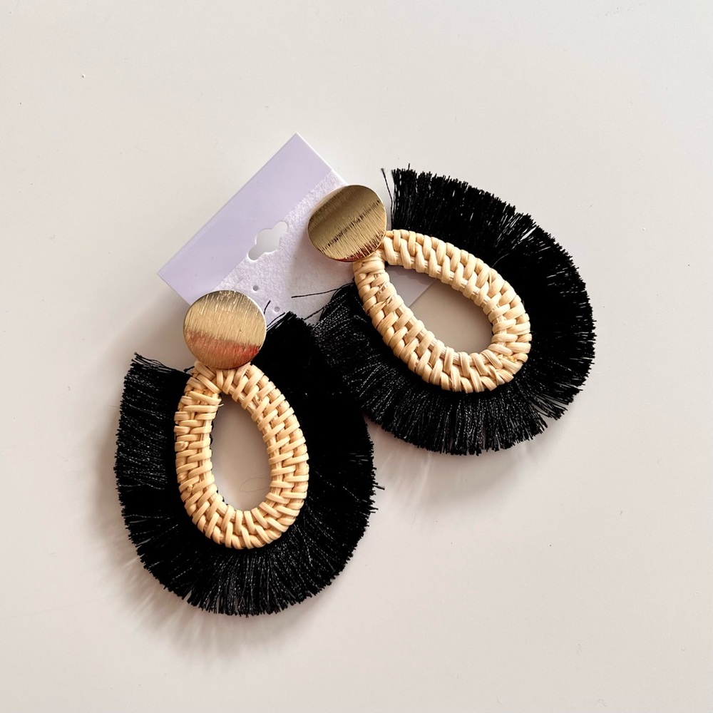 BOHO 3” Black Fringe Tan Rattan Wicker Teardrop Statement Earrings Pierced Ears